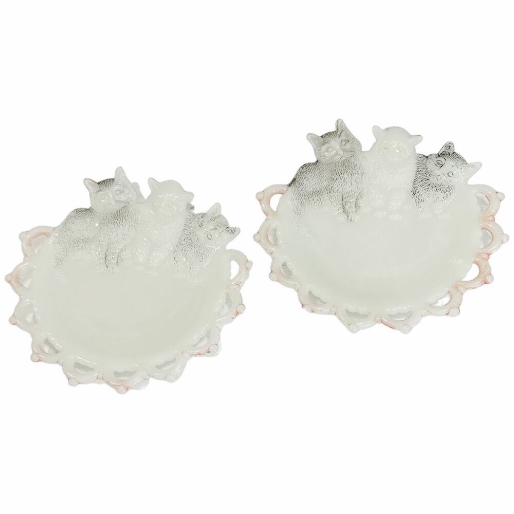 Vintage EAPG Westmoreland Kittens Pressed Milkglass Set of 2 Dishes 6.5”